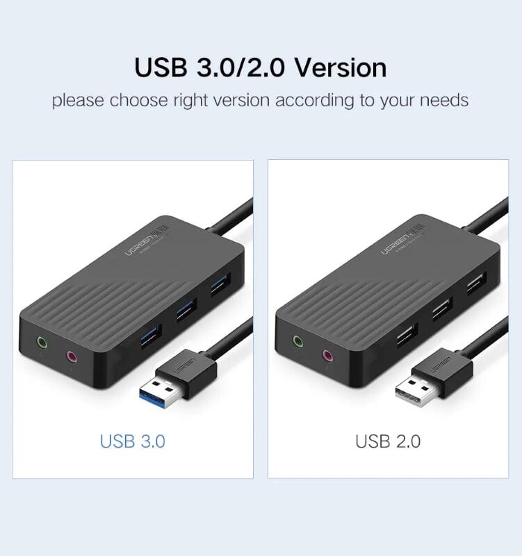 Ugreen UG30421CR133TK 1M màu Đen Bộ chia HUB USB 3.0 sang 3 USB 3.0 + cổng âm thanh 3.5mm hỗ trợ nguồn MICRO USB - HÀNG CHÍNH HÃNG