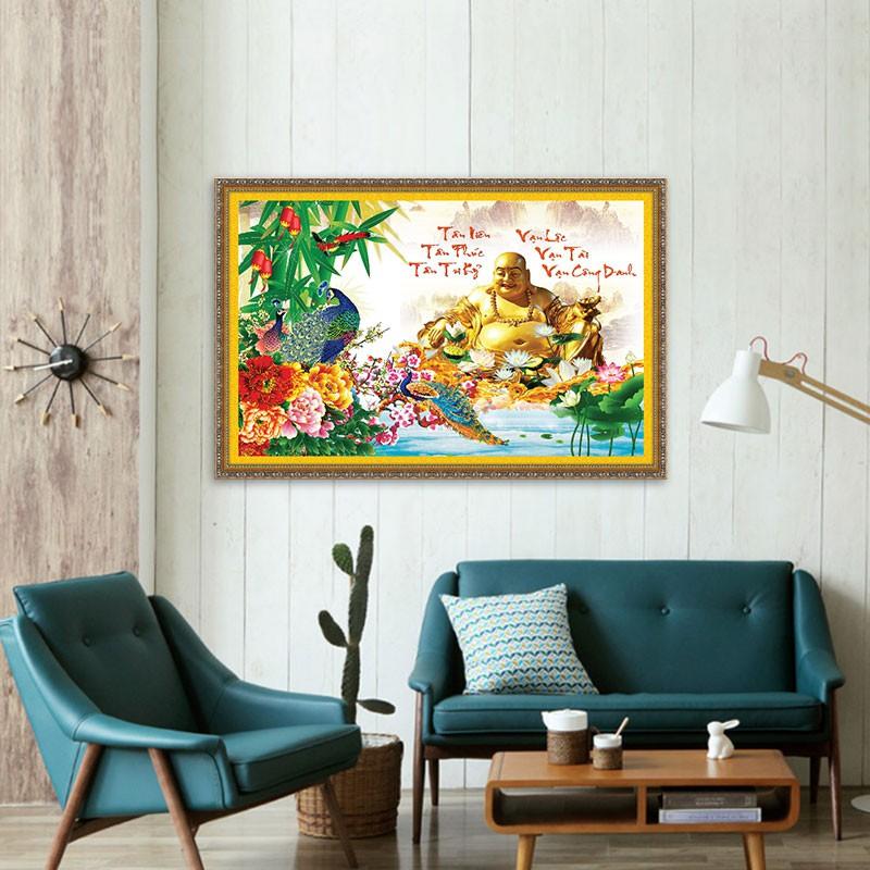 Tranh Phật Di Lặc Vạn Phúc, mẫu đơn, chim công, câu đối đỏ - W1570