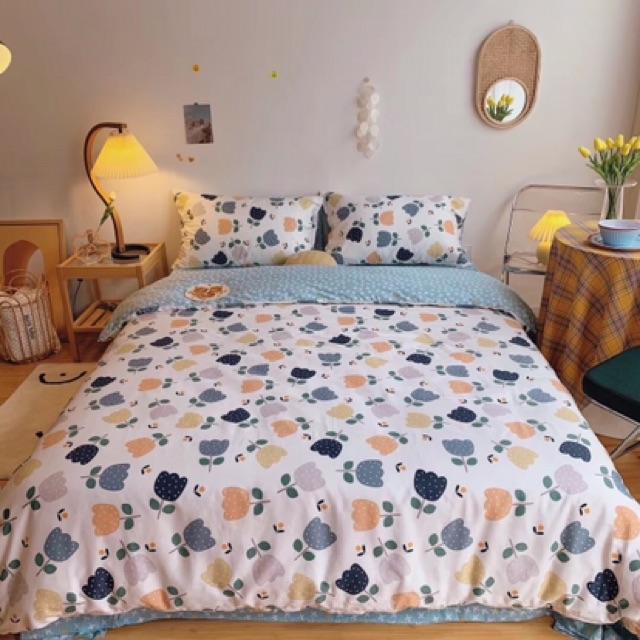 Set Cotton Living Hàng Nhập Khẩu Cao Cấp 4 Món Hoa Xanh