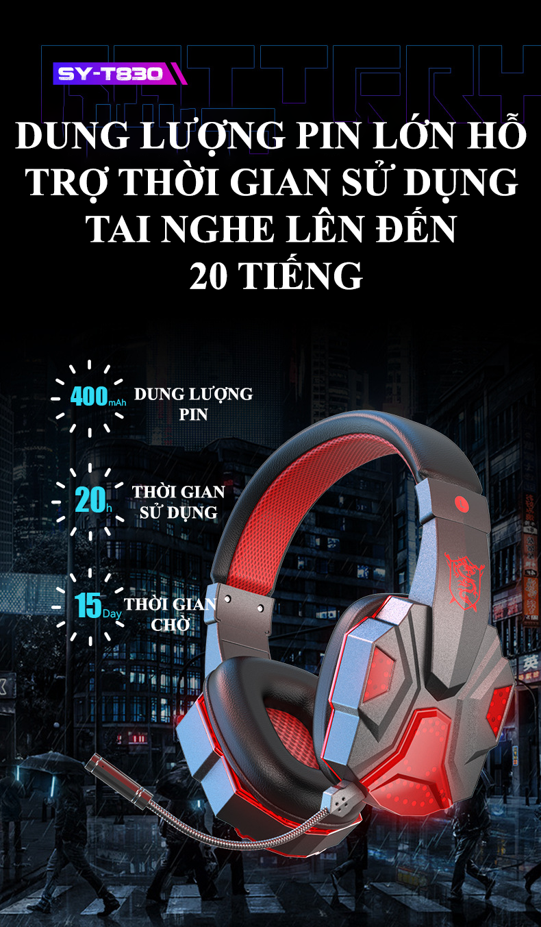 Tai nghe gaming SY-T830 kết nối bằng Bluetooth và cổng AUX 3.5mm có đèn led và âm thanh sống động phù hợp cho game thủ