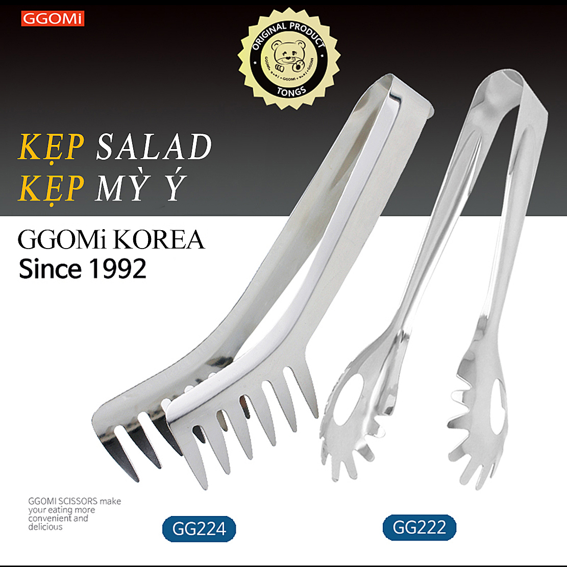 Kẹp gắp mỳ và salad ý dài 20cm, rộng 2.7cm bằng thép không gỉ an toàn khi sử dụng GGOMi Hàn Quốc GG222 và GG224