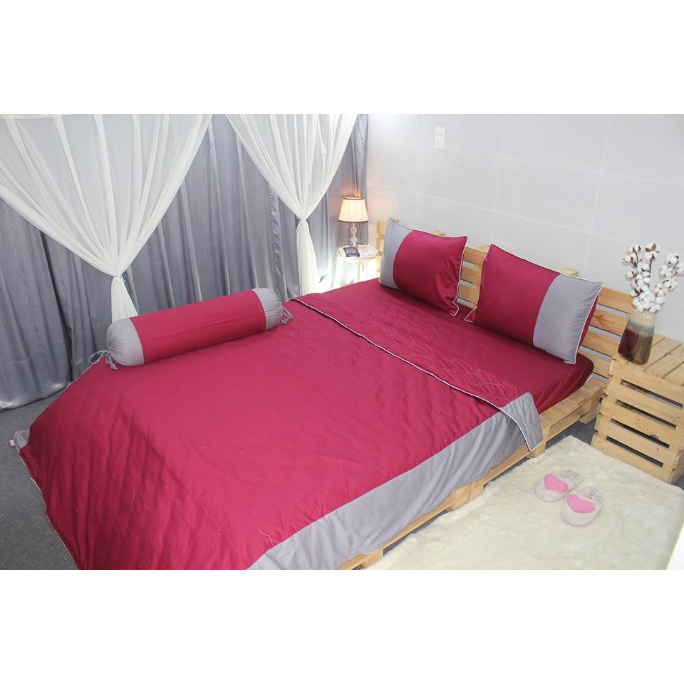 Bộ Chăn Ga Gối 5 món Cotton satin Hàn Quốc Màu Đỏ