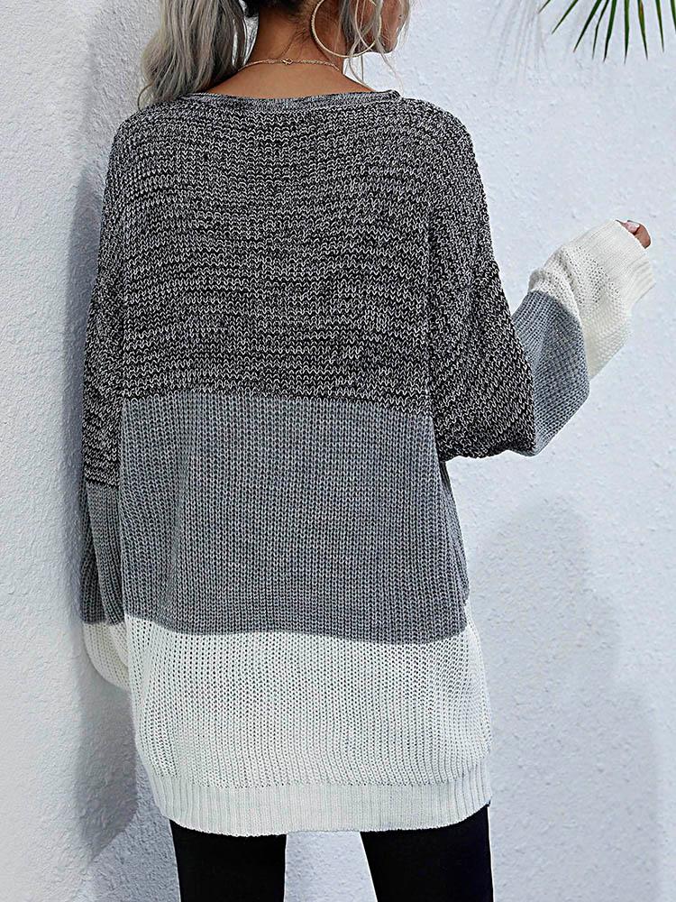 Women Knitted Sweater Splicing O Neck Long Sleeve Soft Autumn Winter Loose Pullovers Tunics Casual Jumper