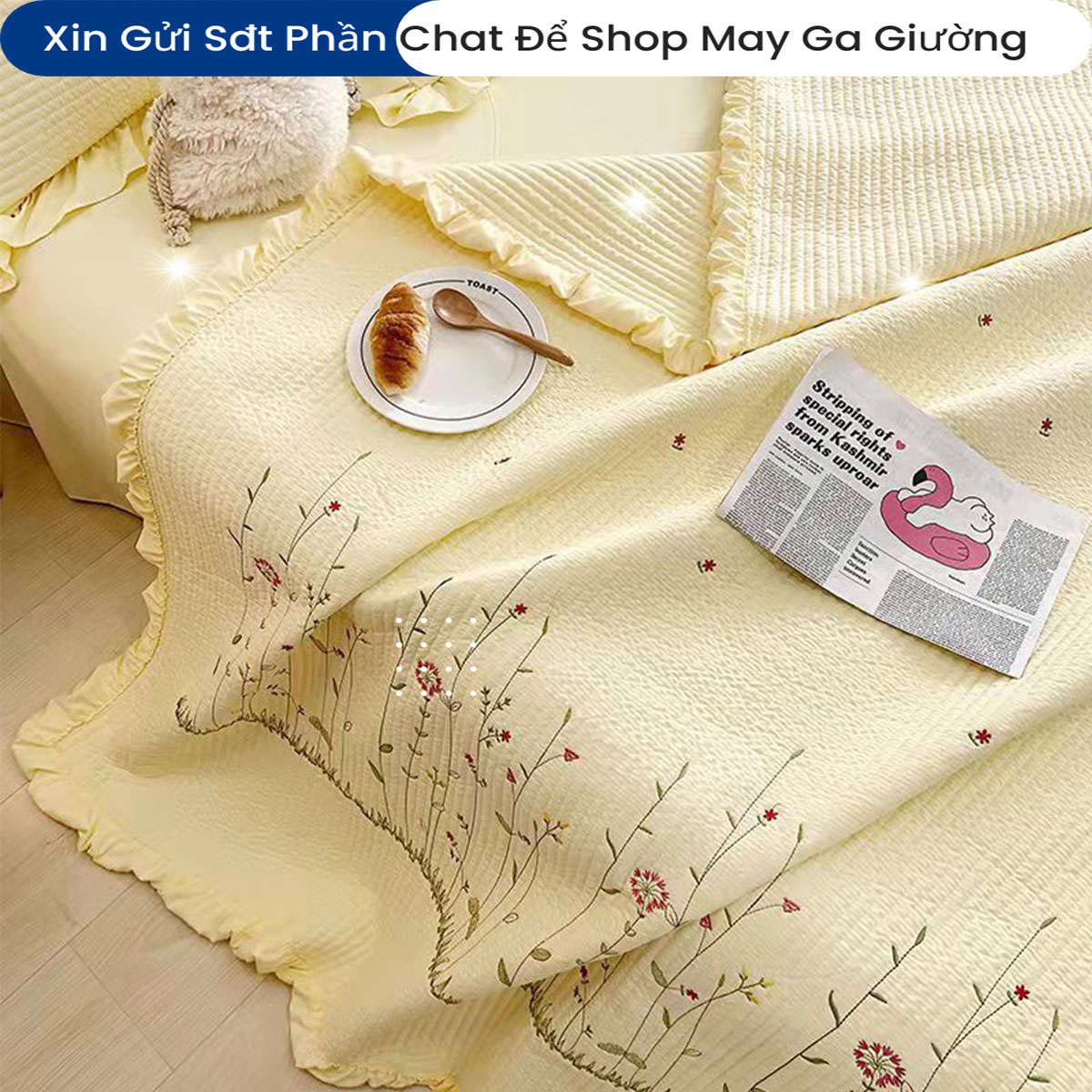 Bộ Chăn Ga Gối Đệm Cotton Solid Vitage Drap Giường Cao Cấp Bộ Ga Phủ Chăn Chần Bông