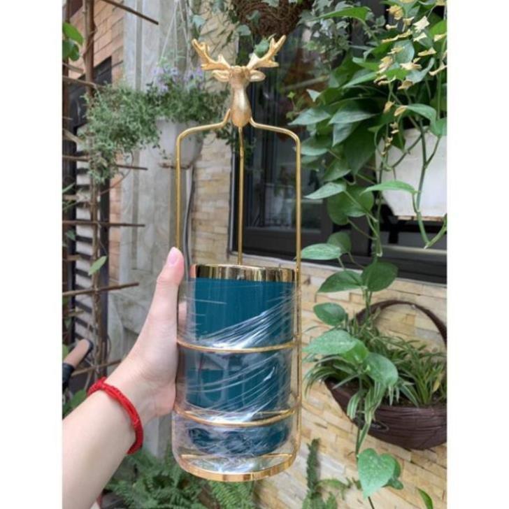 Ống cắm đũa, thìa dĩa sứ xanh có đĩa hứng nước kèm khung mạ vàng Hươu Cao