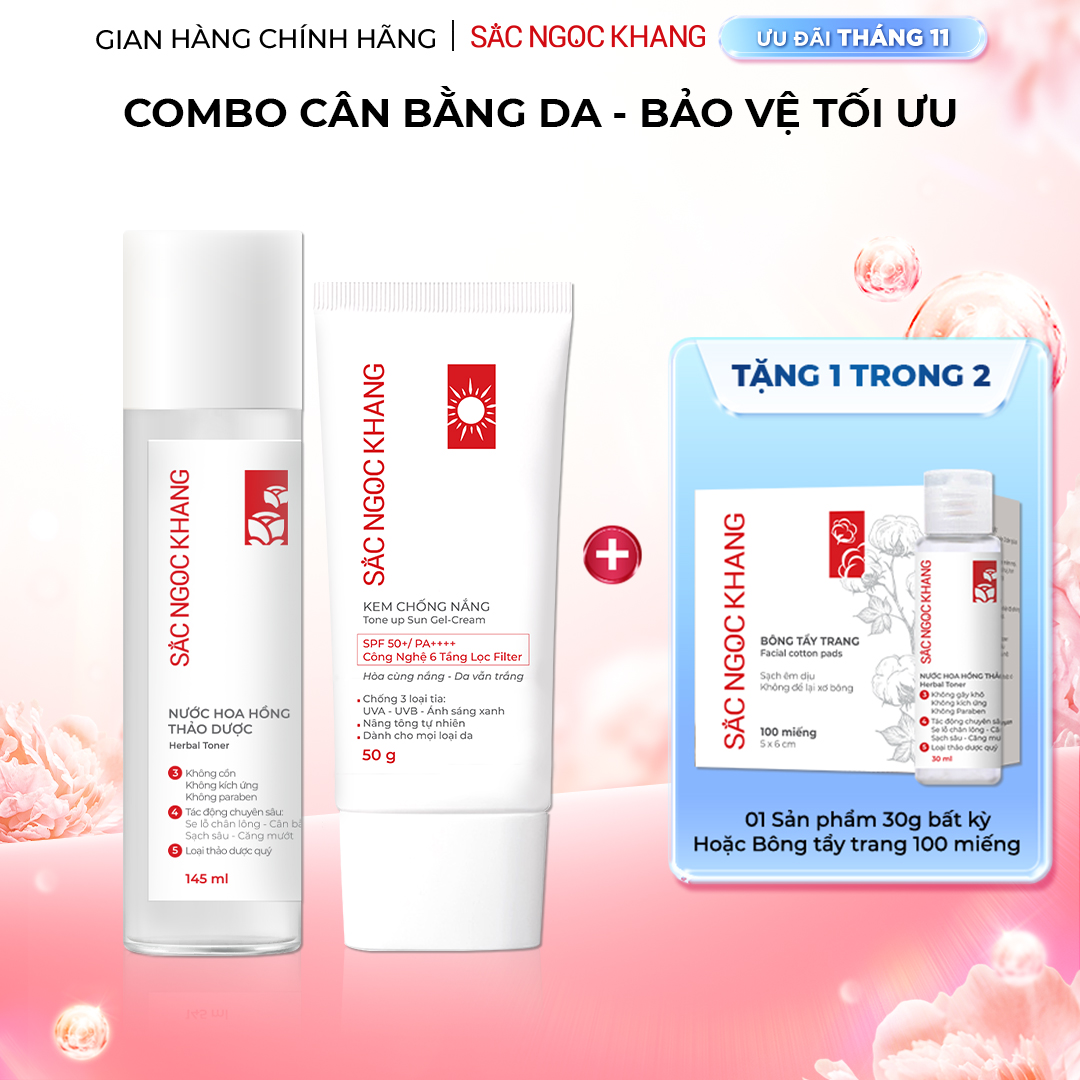 Bộ đôi dưỡng ẩm và bảo vệ da trước ánh nắng Sắc Ngọc Khang Nước hoa hồng 145ml  Kem chống nắng 50g