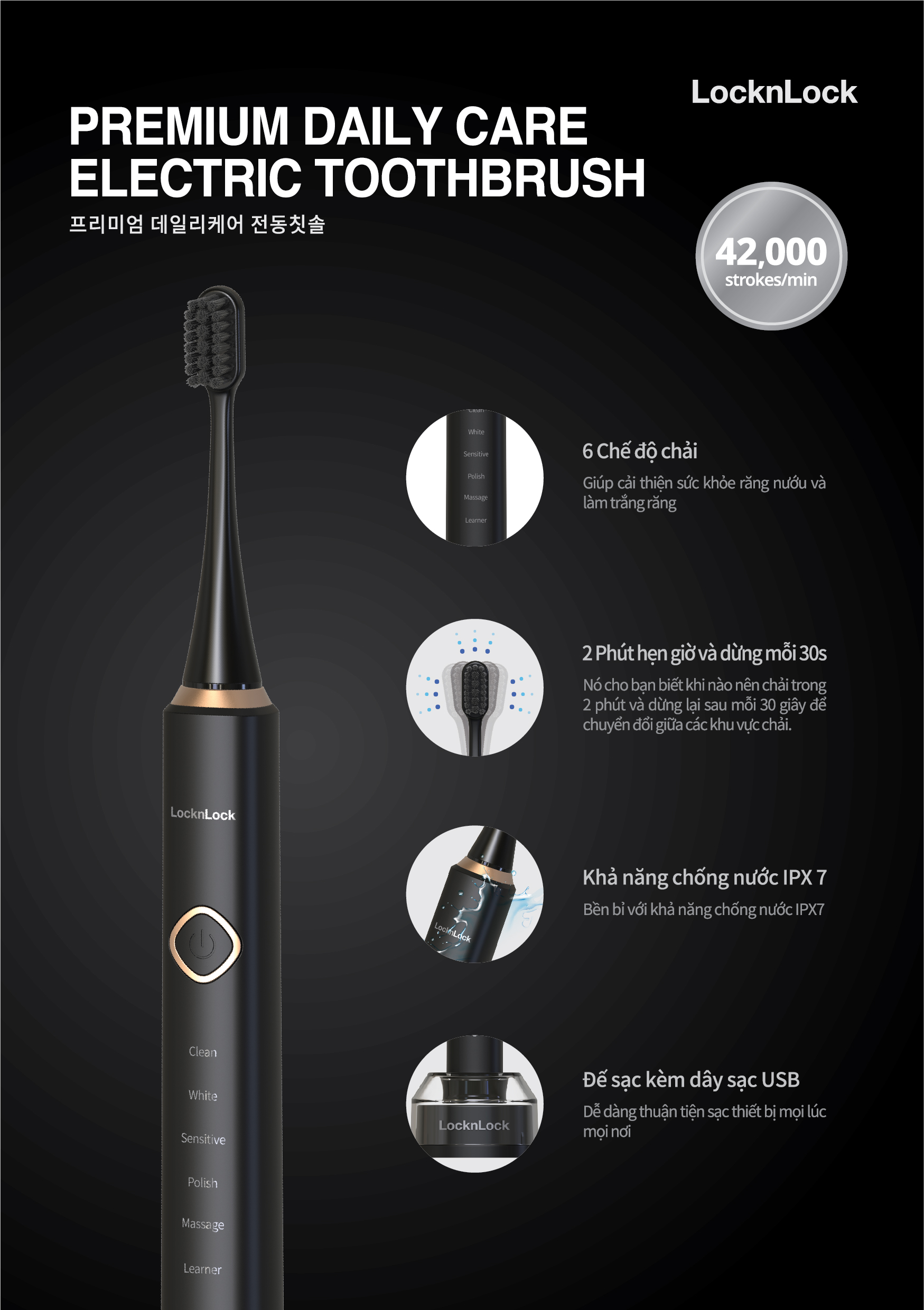 Bàn chải điện LocknLock Premium 6 chế độ thông minh - ENR636BLK
