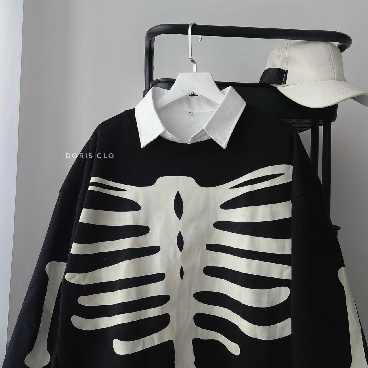 Áo khoác bomber Unisex CỔ BẺ chất nỉ bộ xương ,form rộng đẹp cho nữ,nam