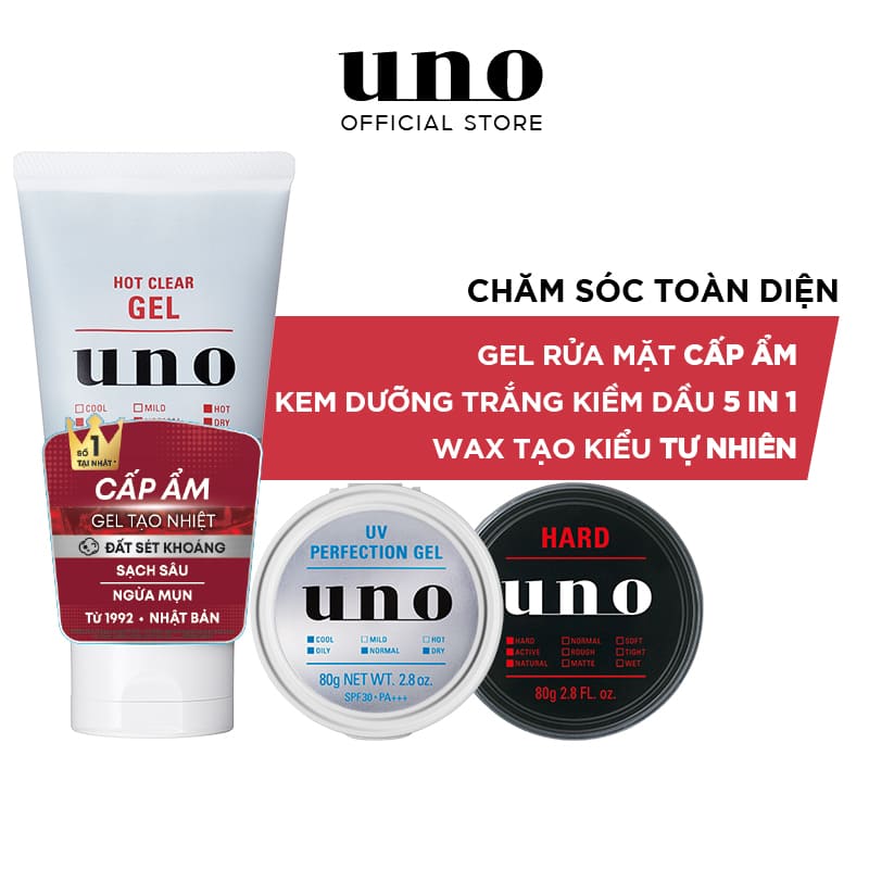 [ƯU ĐÃI TRẢI NGHIỆM] Bộ sản phẩm 03 bước toàn diện: Làm sạch - Dưỡng da kiểm soát nhờn - Định hình tóc ( Hot Clear Gel 120g + Wax Hard 80g + Uno UV Perfection Gel )