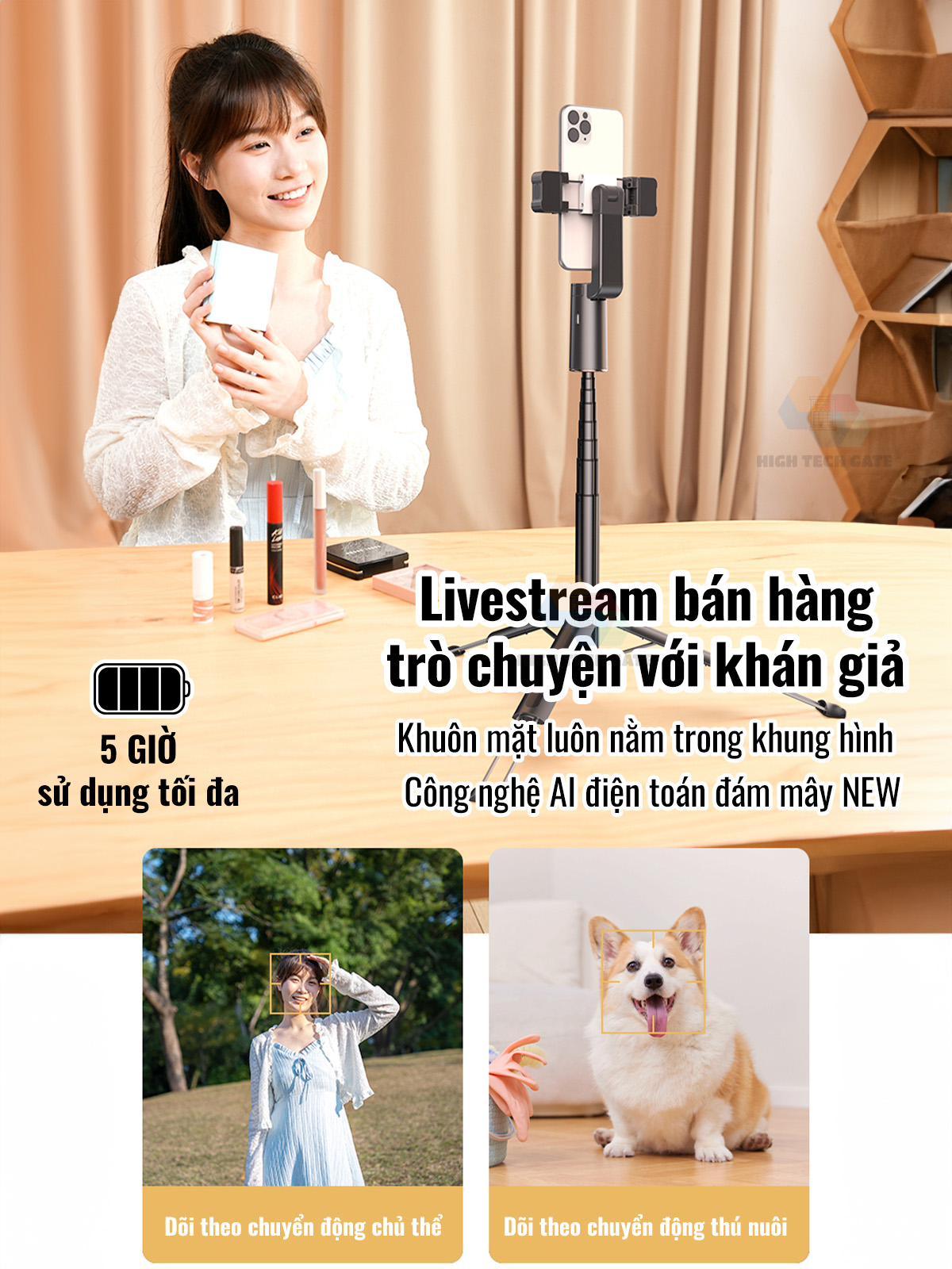 Chân quay video, livestream, chụp ảnh AI thông minh A100 cho điện thoại, dõi theo chủ thể khi chuyển động, có điều khiển gimbal 360, hàng chính hãng