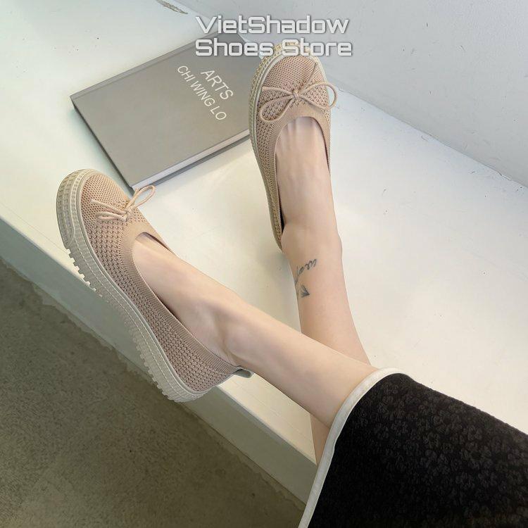 Slip on kiểu búp bê - Giày lười nữ dệt kim 3D nguyên chiếc 2 màu đen và khaki, đế cao su mềm chống trơn trượt - Mã A31