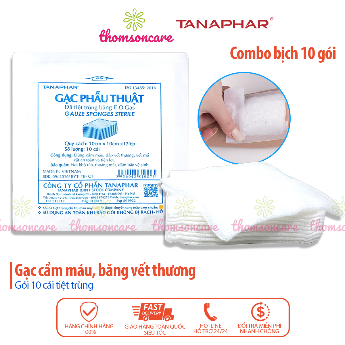 Bịch 10 gói gạc băng vết thương Tanaphar tiệt trùng - Dùng trong phẫu thuật, cầm máu