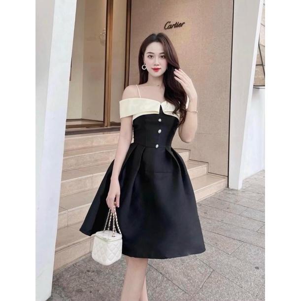 Bigsize Đầm dự tiệc tapta trễ vai đính nút 50-90kg