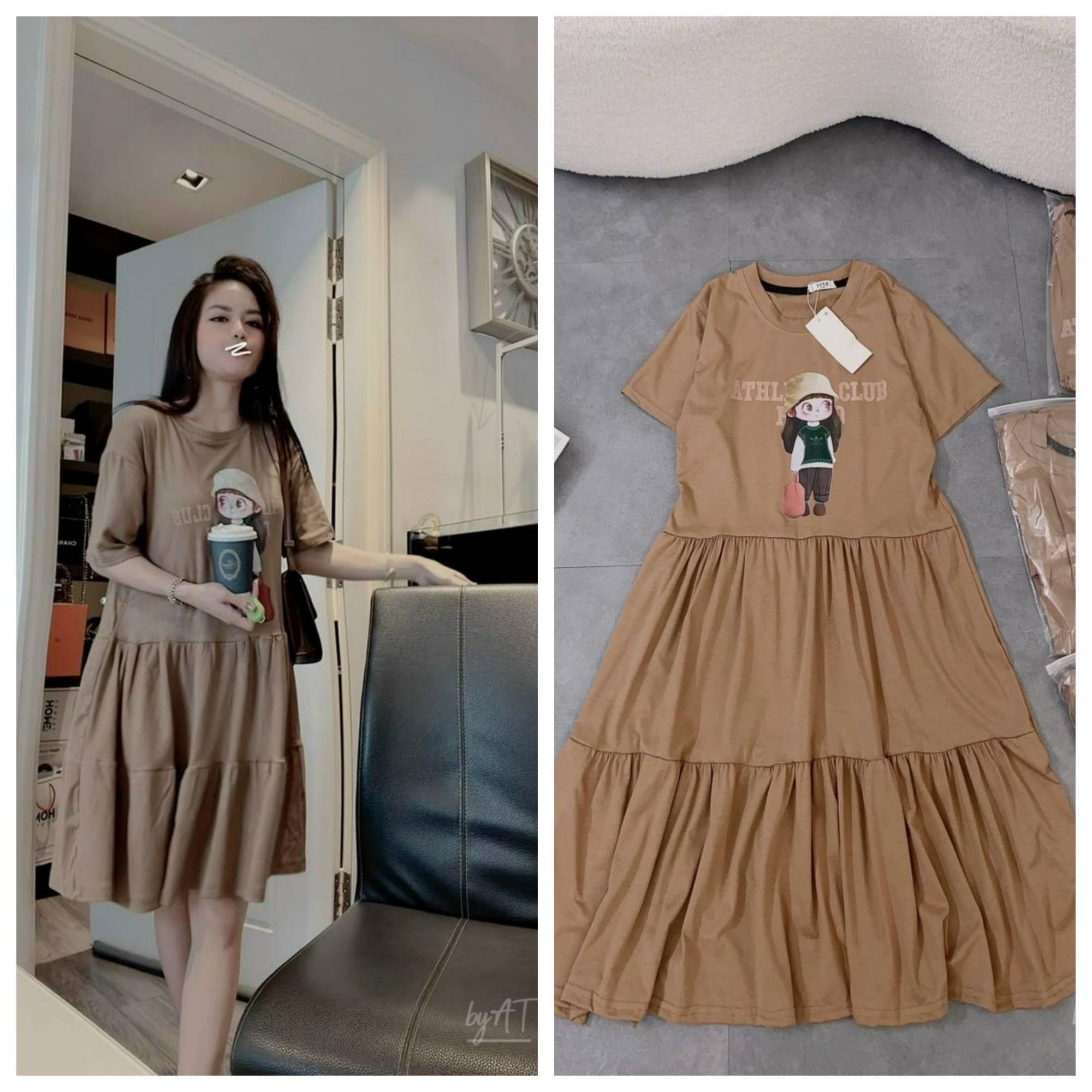 Đầm suông cotton cô gái đuôi cá màu nâu DN690