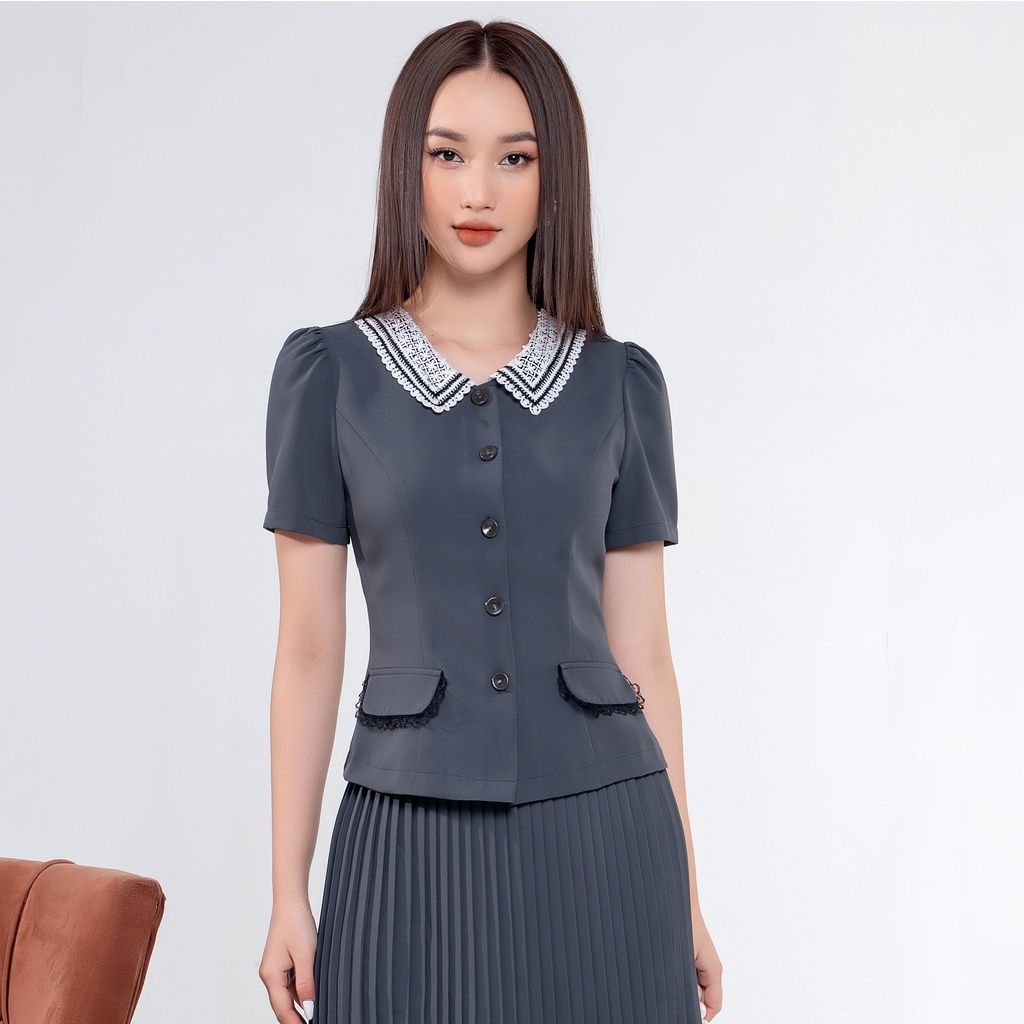 Áo Sơ Mi Nữ Ngắn Tay Công Sở UK Fashion Thiết Kế Cổ Ren Sang Trọng, Chất Vải Mát, Co Giãn Nhẹ Và Mềm Mịn NKSM2201002