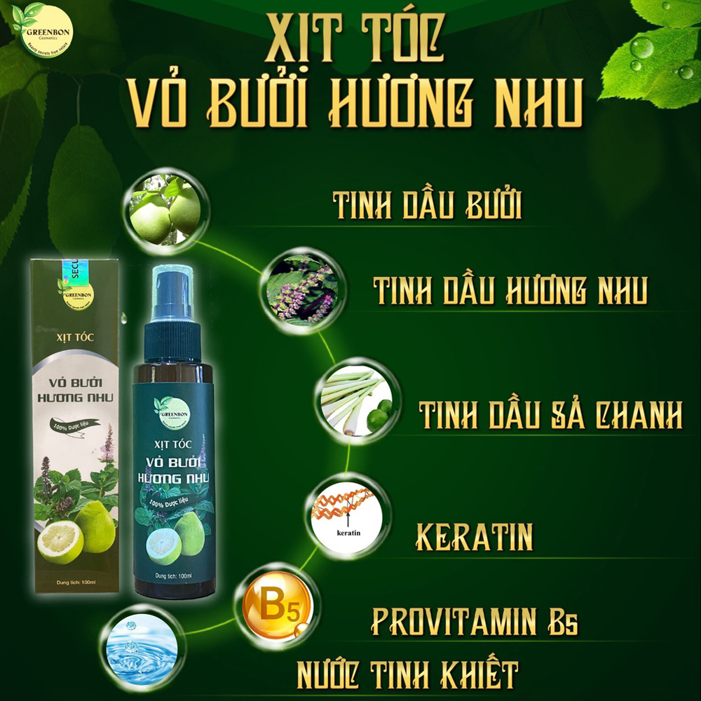 Xịt tóc giảm rụng, kích mọc tóc vỏ bưởi hương nhu GREENBON 100ml