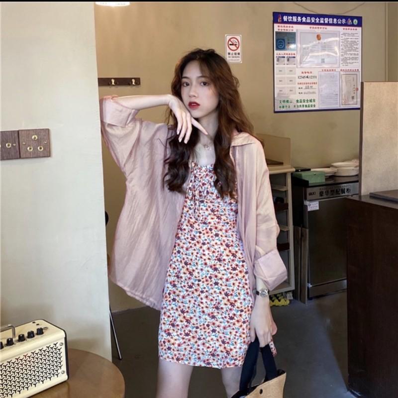 SET ĐẦM HOA nơ dây KHOÁC SƠMI HỒNG TƠ