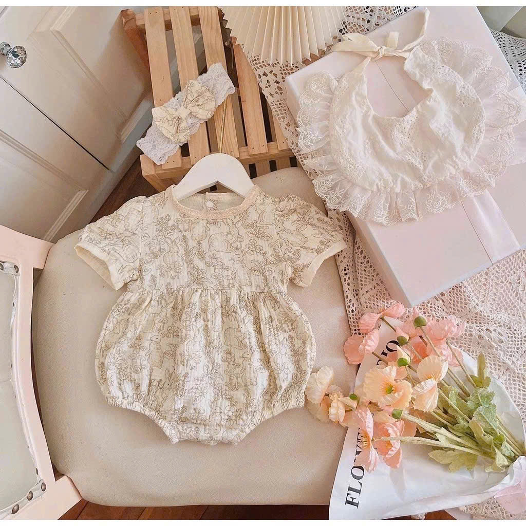 SET ĐỒ LIỀN THÂN BODY YẾM REN CỔ RỜI BĂNG ĐÔ KEM BÉ GÁI SƠ SINH 1 2 TUỔI