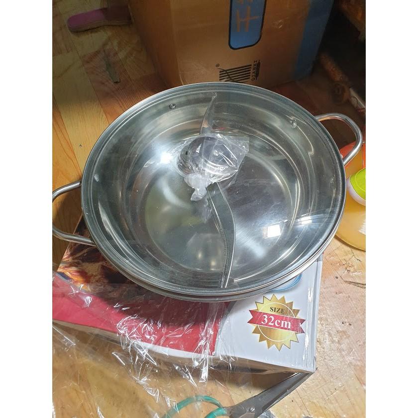 Nồi Lẩu 2 Ngăn 32cm, Nấu Được Bếp Từ, Chất Liệu Inox Dày Dặn Nắp Kính Sang Trọng