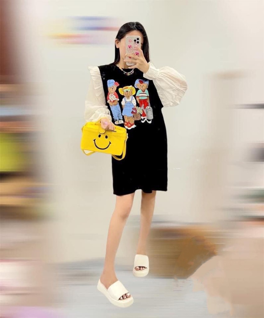 Đầm Thun Nữ 3 Gấu Phối Tay Phồng Hot, Thun Cotton Co Giãn Thoải Mái