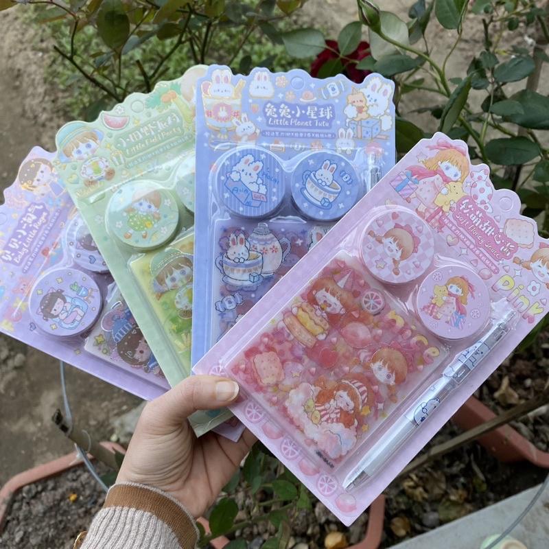 Vỉ Washi Tape Kèm Sticker và Dụng cụ rạch sticker dạng Bút