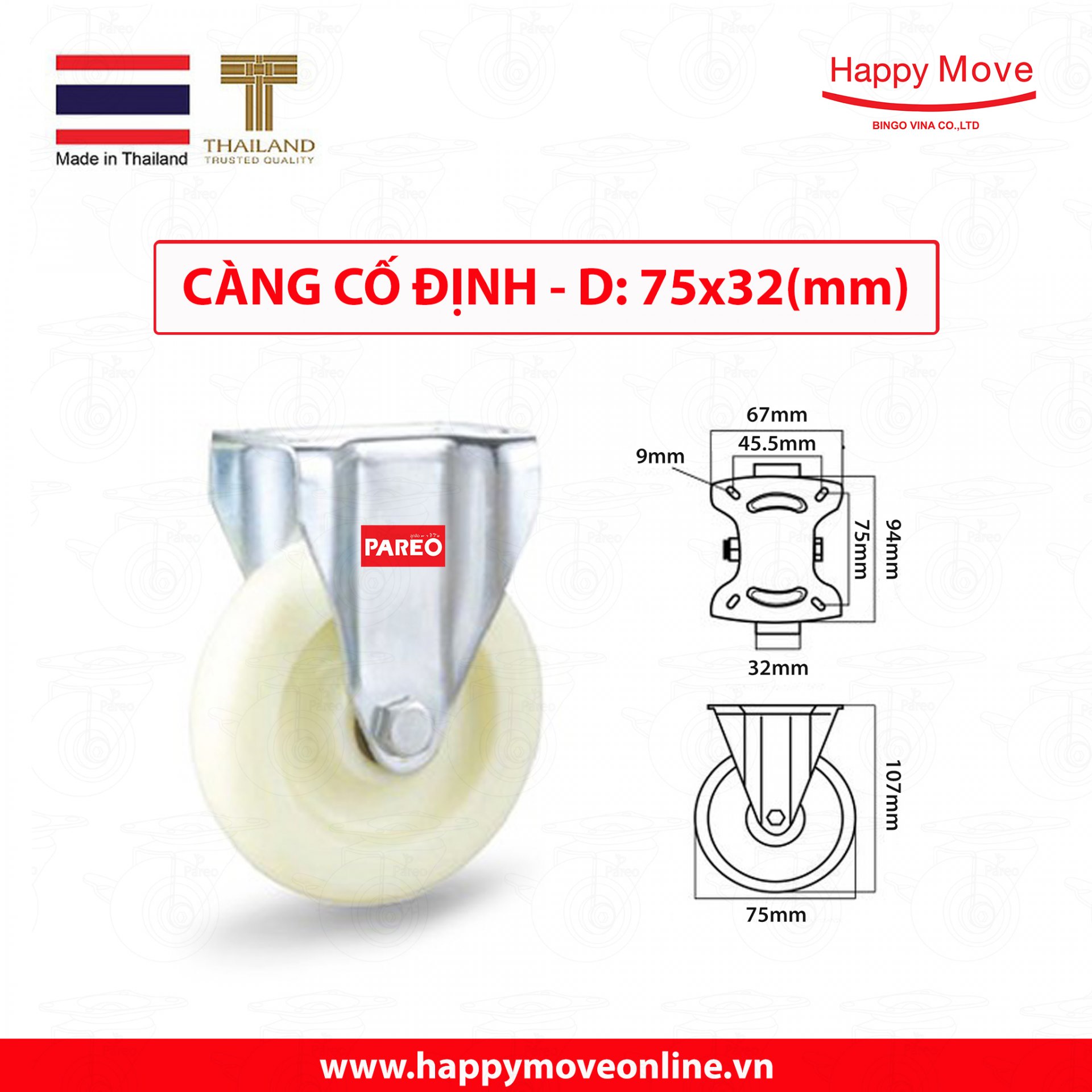 Bánh xe đẩy nhựa trắng PP Eco càng cố định 75-100-125mm - Happy Move Thái Lan