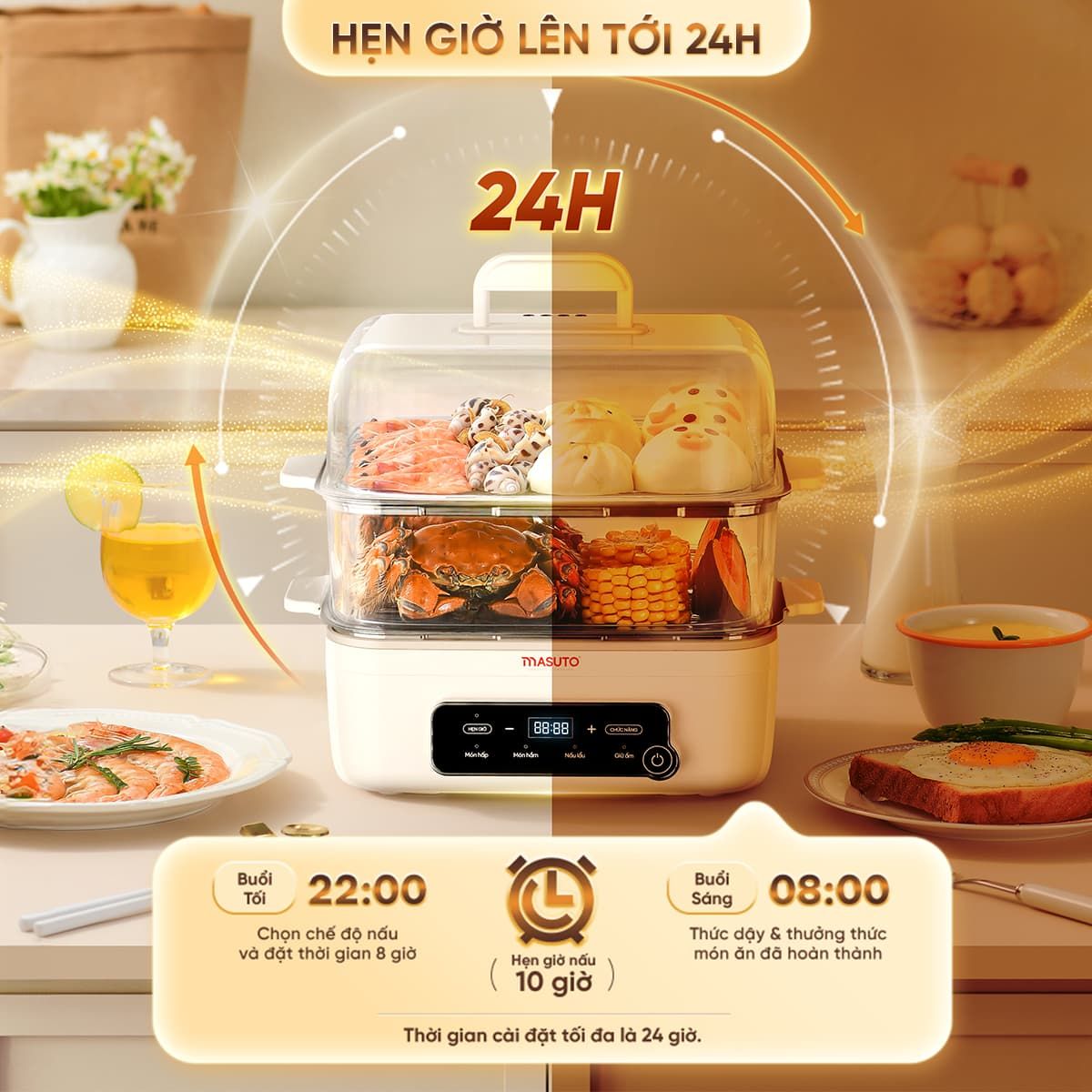 Nồi Lẩu Hấp Đa Năng 3in1 Masuto MSSteam - Vừa Lẩu, Vừa Hấp, Vừa Hầm, Công Suất 1500W, Dung Tích 14,5L, Hấp Gà Nguyên Con - Hàng chính hãng