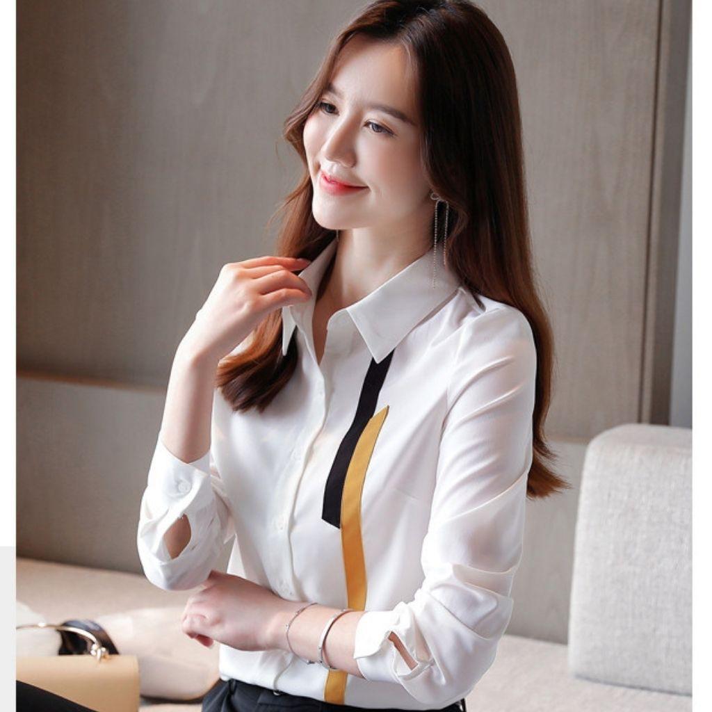 Áo so mi nữ trắng dài tay phối viền ghép Mã A685 Thời trang TOP FASHION SHOP