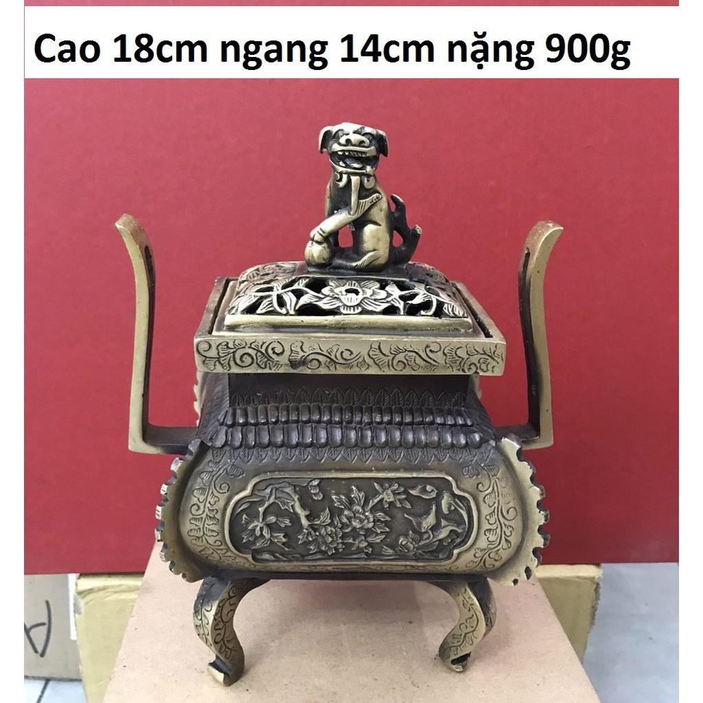 Lư xông trầm vuông nắp nghê bằng đồng MS60