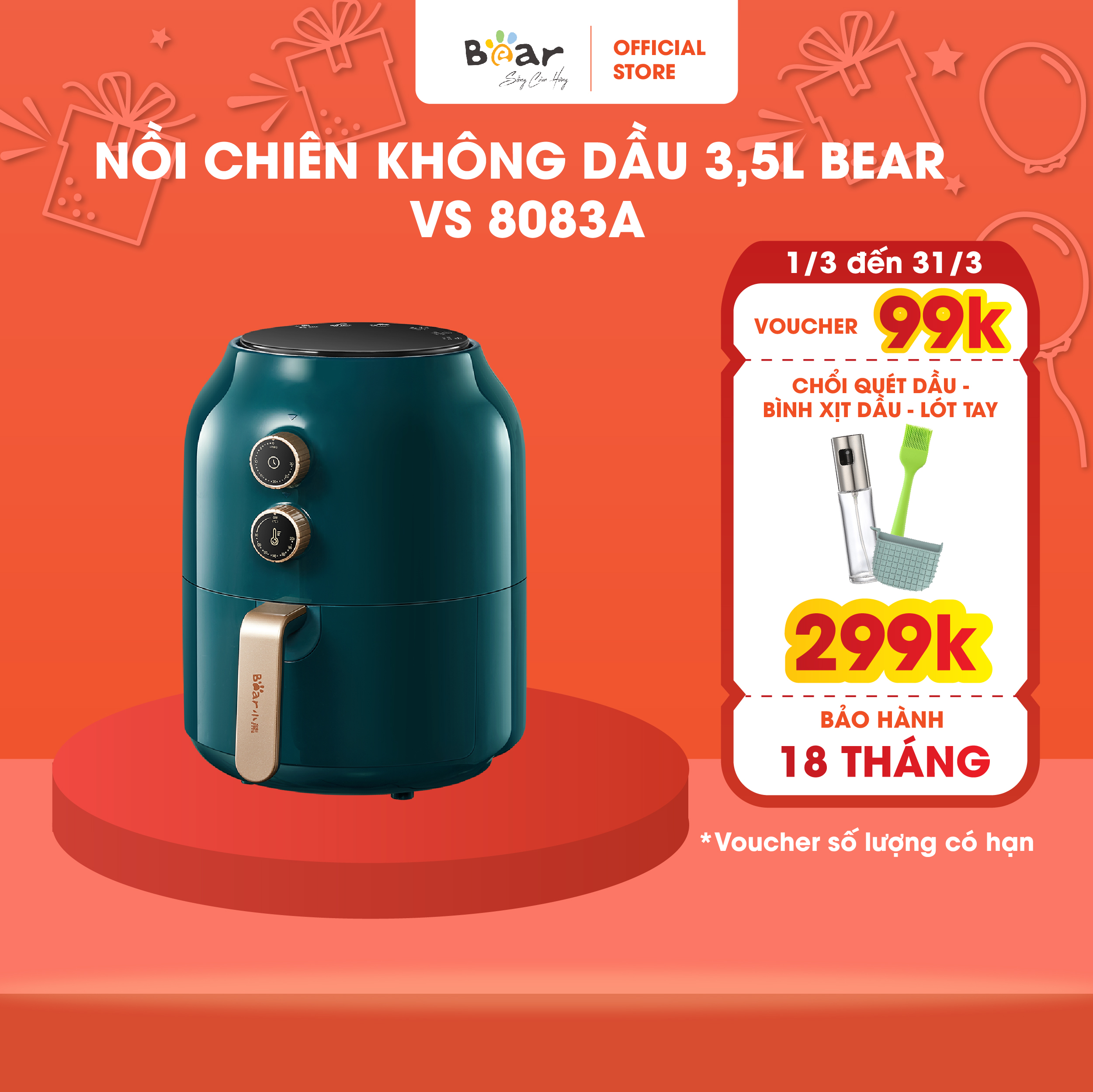 Nồi chiên không dầu 3.5L Bear Air Fryer VS-8083A - Đa chức năng, tự động thông minh - Bảo hành 18 tháng