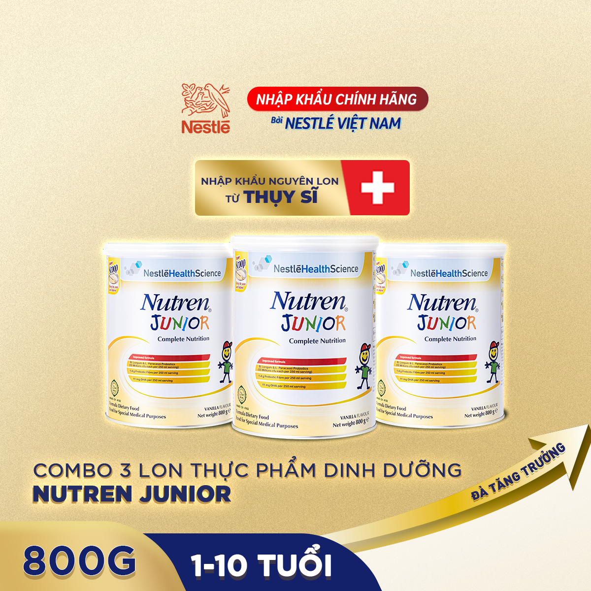 Combo 2 lon thực phẩm dinh dưỡng Nutren Junior Thụy Sĩ hỗ trợ tăng cân tiêu hóa tốt cho trẻ từ 1 đến 10 tuổi 800g/lon -  Tặng Khăn choàng tắm con voi