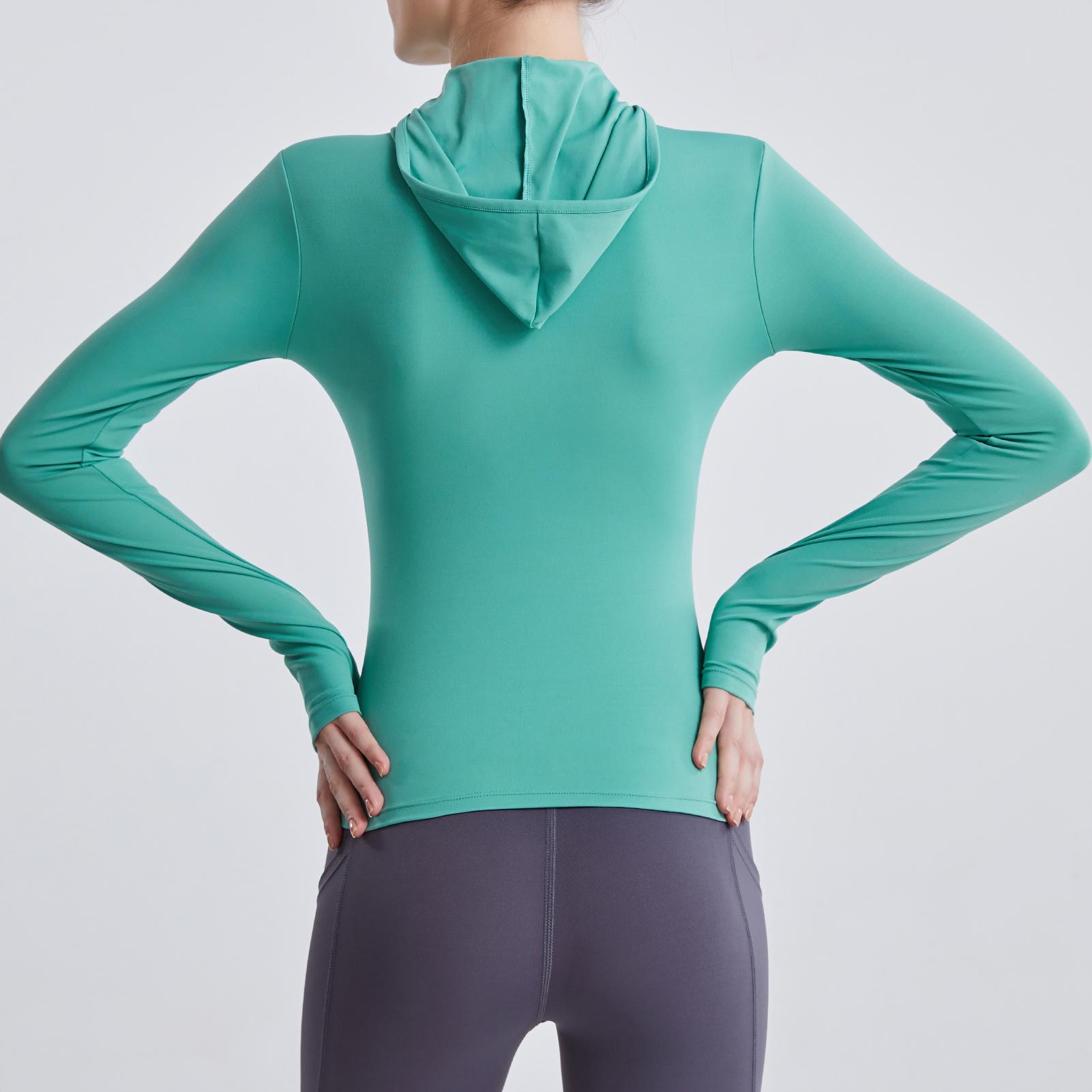 Áo tập thể thao dáng hoodie cho nữ với tay dài, xỏ ngón cái nhanh khô mỏng nhẹ có mũ trùm đầu