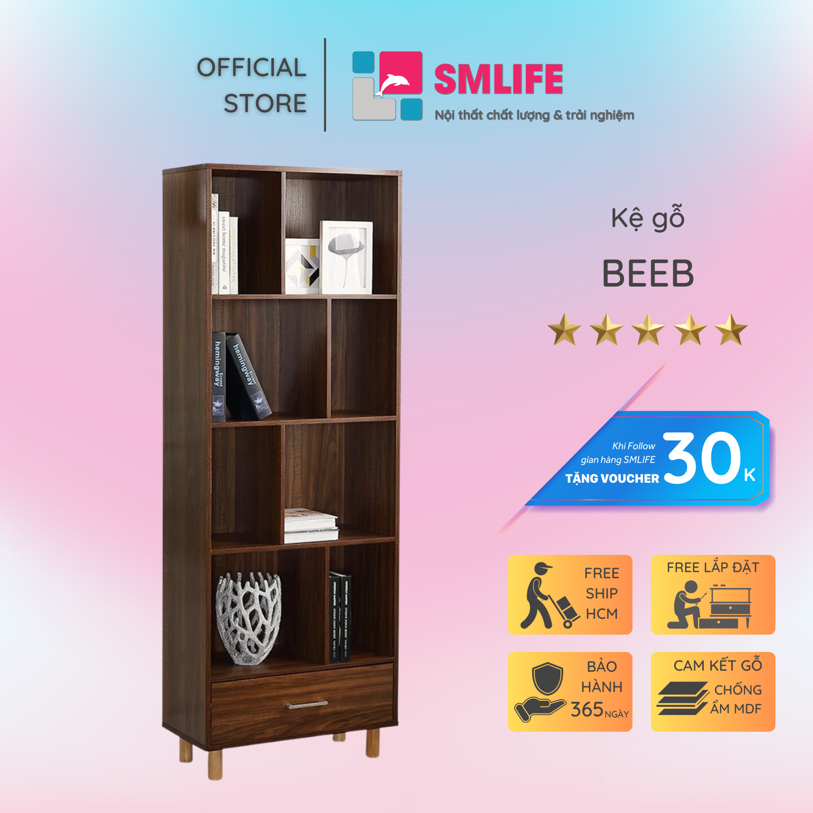 Giá sách gỗ gia đình đa năng tiện nghi SMLIFE Beeb