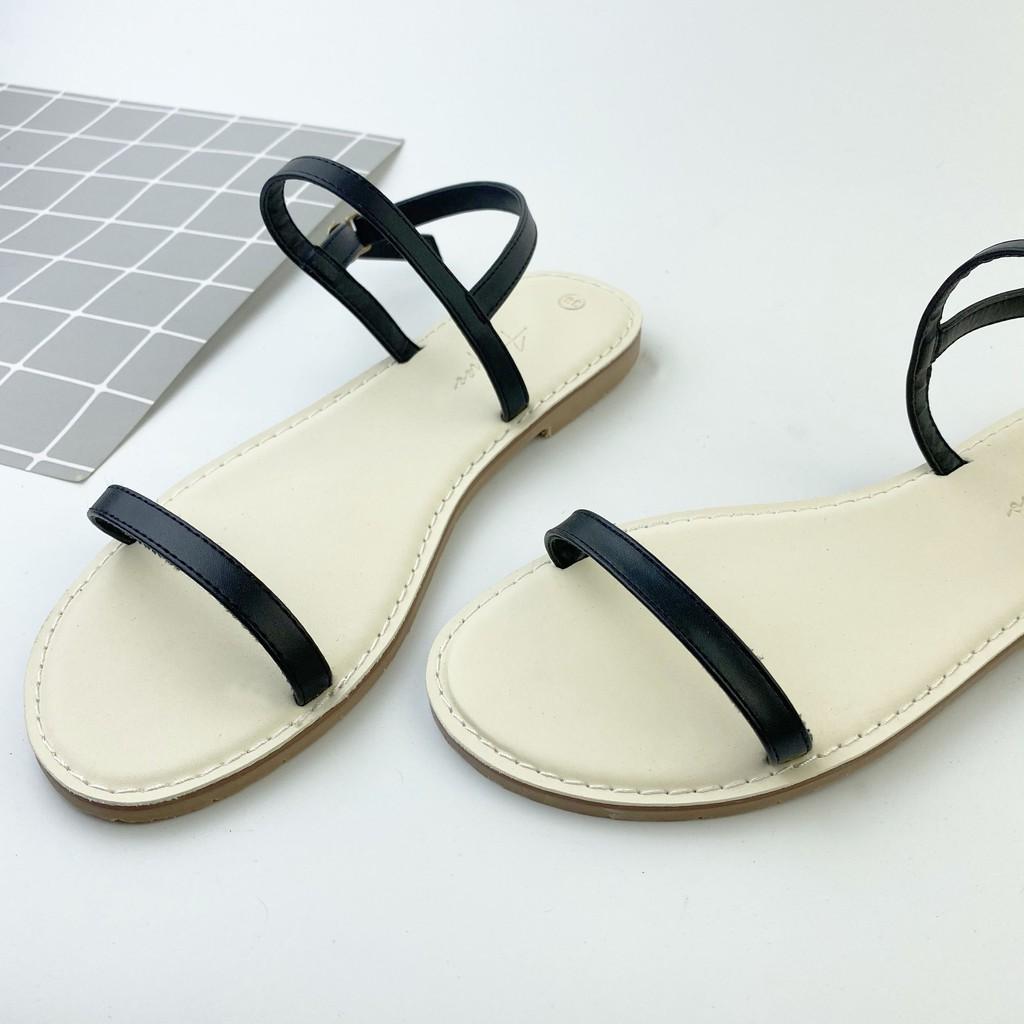 Giày sandal đế bệt HISHOO mũi tròn phối dây mảnh 1 cm có bigsize S005