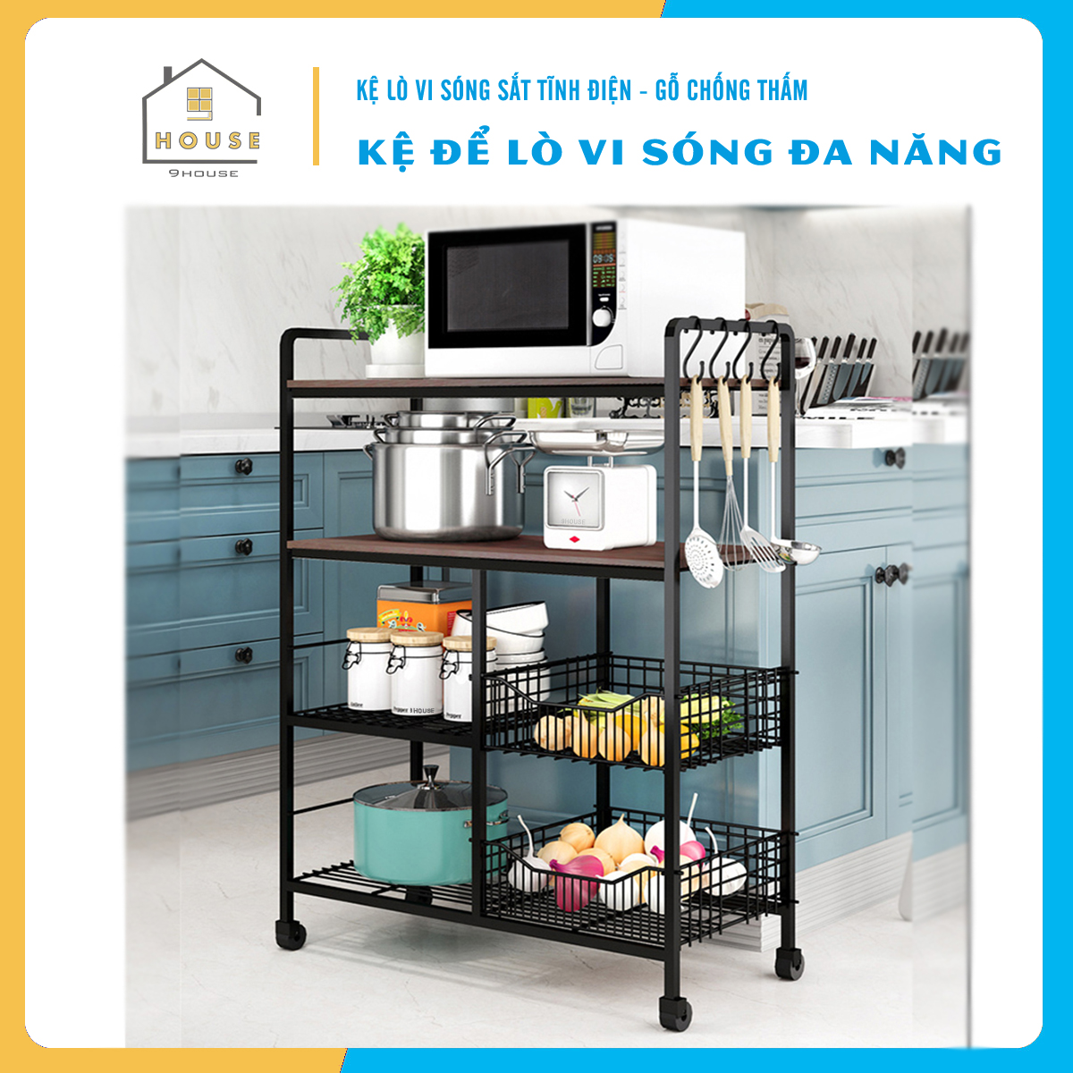 Kệ lò vi sóng đa năng 179-2 thương hiệu 9House kệ bếp để lò nướng nồi cơm điện kèm giá rổ để rau củ gia vị loại khung sắt dày sơn tĩnh điện chống rỉ mặt gỗ MDF lõi xanh chống ẩm bề mặt phủ melamine chống thấm cao cấp - Hàng chính hãng