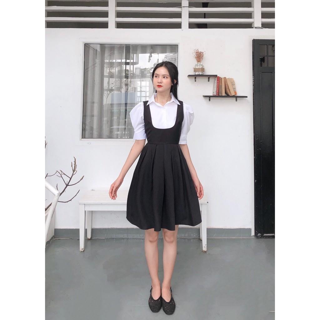 SET YẾM ĐEN 2 DÂY DÁNG XÒE+ÁO SƠ MI KIỂU TAY LỠ PHỒNG