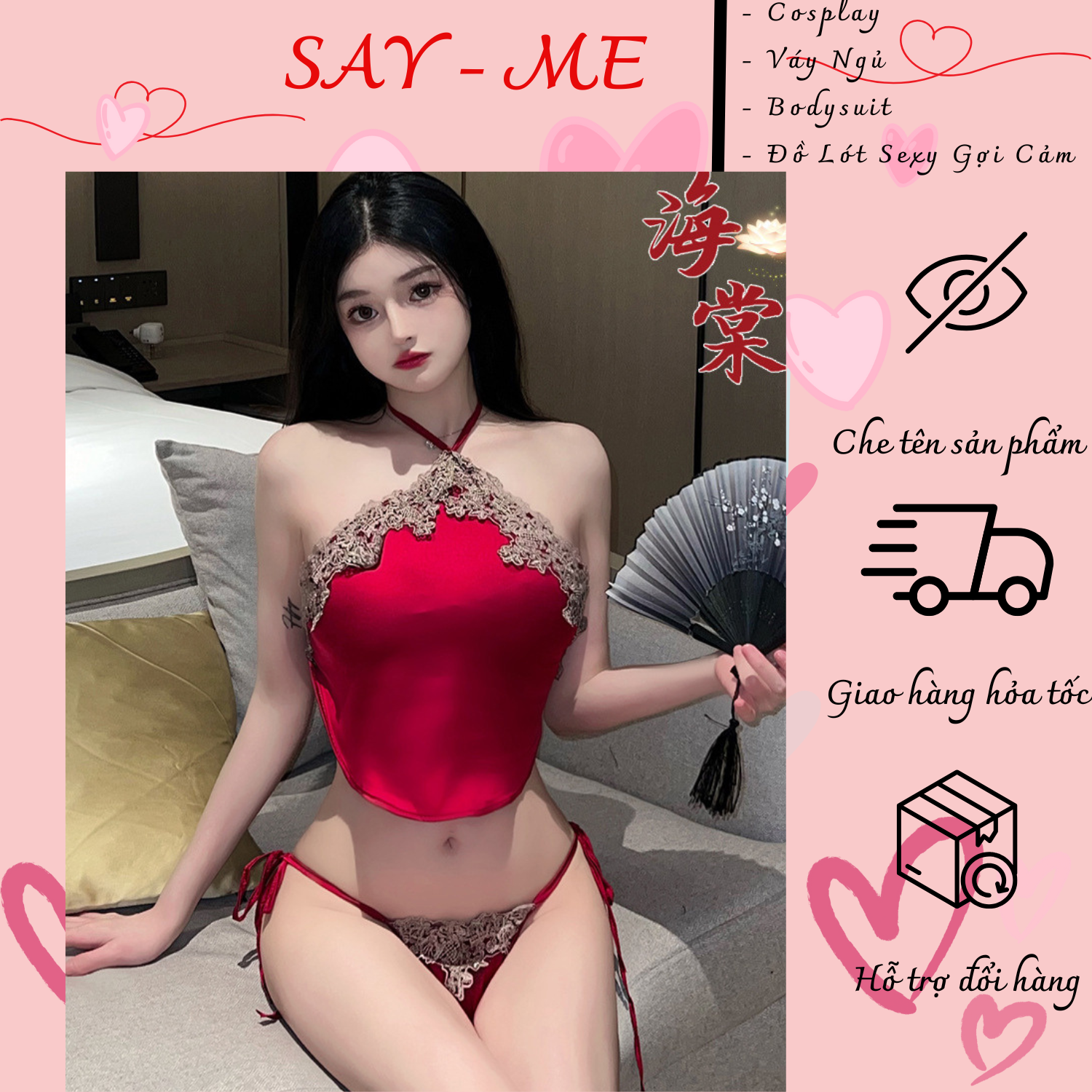 Đồ Ngủ Cổ Yếm Kiểu Trung Hoa Lụa Satin Đỏ,Set Nội Y Quần Cột Dây + Áo Lụa Cổ Tàu Gợi Cảm,Yếm Lụa Sexy Phối Ren Hoa Vintage, Set Yếm Ren Lụa Đỏ Đô Gợi Cảm ,Bộ Nội Y Sexy Gợi Cảm Viền Ren Hoa C018