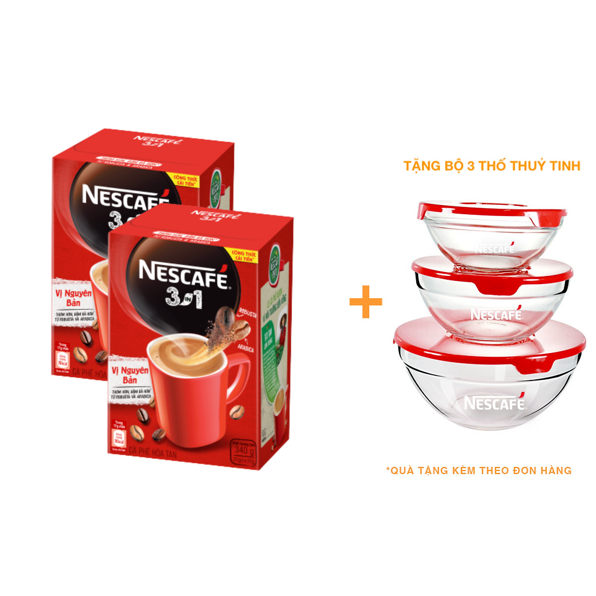 Combo 2 hộp NESCAFÉ 3IN1 Công thức cải tiến - Vị nguyên bản - Hộp 20 gói x 17 g - [Tặng bộ 3 thố thuỷ tinh]