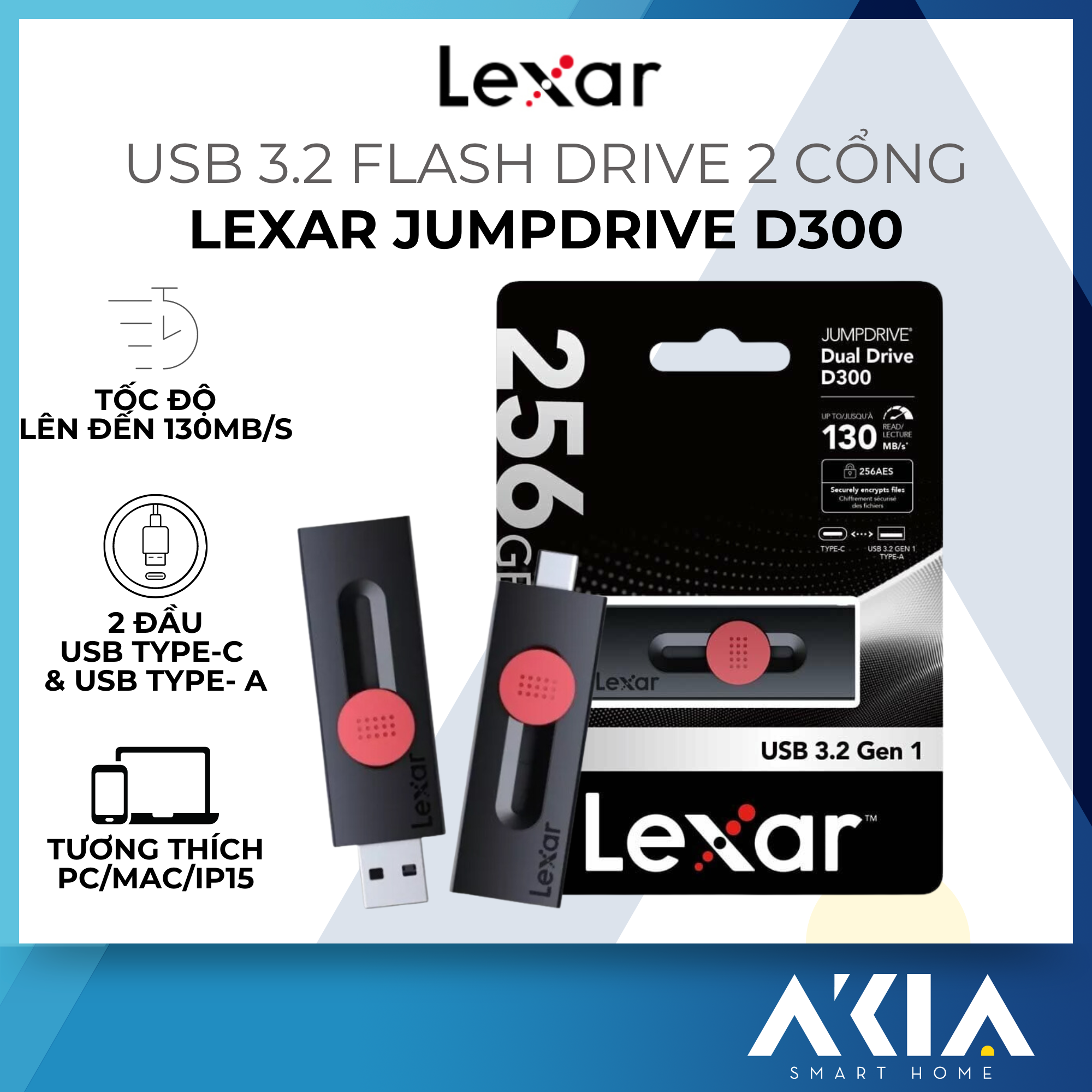 USB 2 in 1 Type C/ Type A Lexar D300 Dual Drive 32GB/ 64GB/ 128GB/ 256GB, tốc độ đọc 130MB/s - HÀNG CHÍNH HÃNG