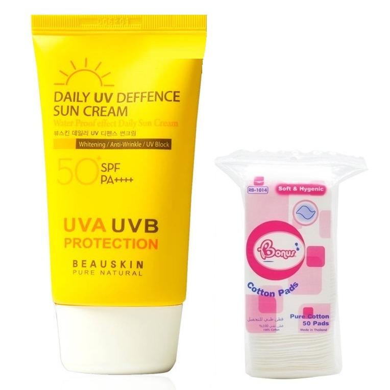 Combo 1 kem chống nắng Daily UV Deffence Sun Cream Beauskin Hàn Quốc SPF 50 PA+++ và 1 bông tẩy trang ( 50 miếng)