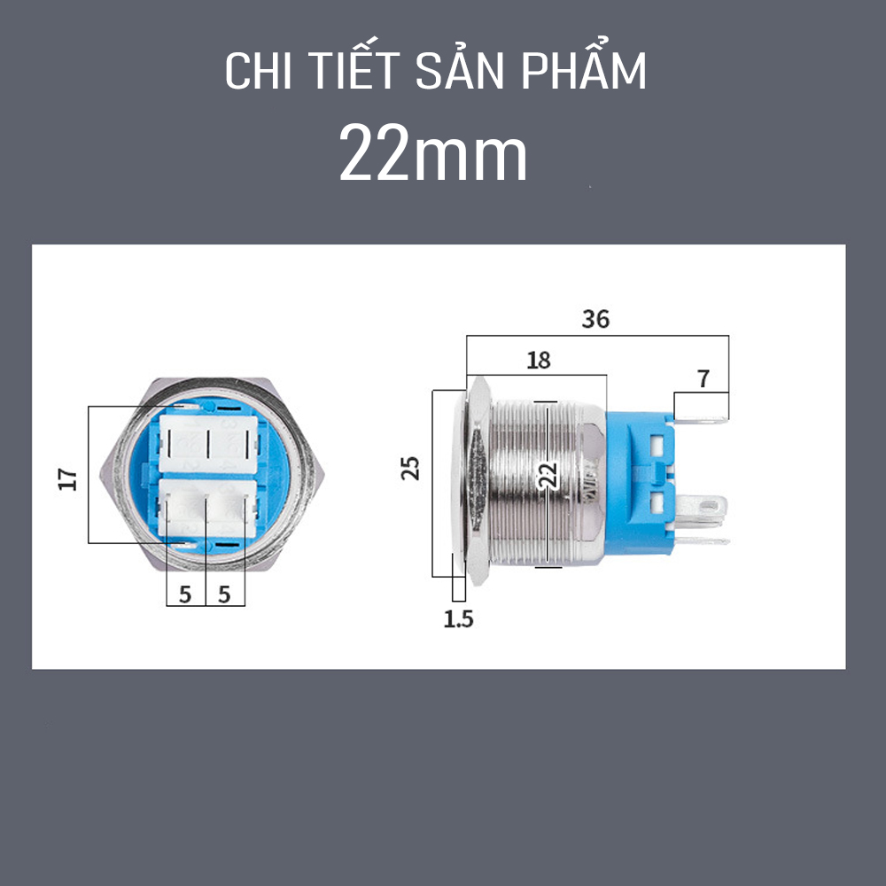 Nút nhấn công tắc Inox 22mm, Loại nhấn giữ Trạng thái có đèn LED (3-6V, 12-24V, 110-220V)