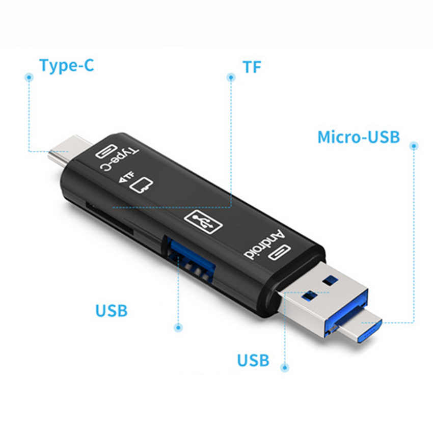 Đầu đọc thẻ nhớ đa năng dành cho điện thoại, máy tính 3 cổng kết nối USB, MicroUSB, TYPE-C, 2 cổng dữ liệu USB, TF truyền tải nhanh chóng, gọn gàng tiện dụng