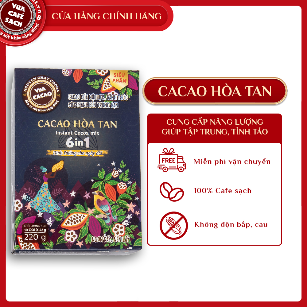 Bột cacao hòa tan 6 in 1, VUA CACAO hảo hạng tăng cường năng lượng, cung cấp dinh dưỡng cho ngày dài - Hộp 10 gói x 220g