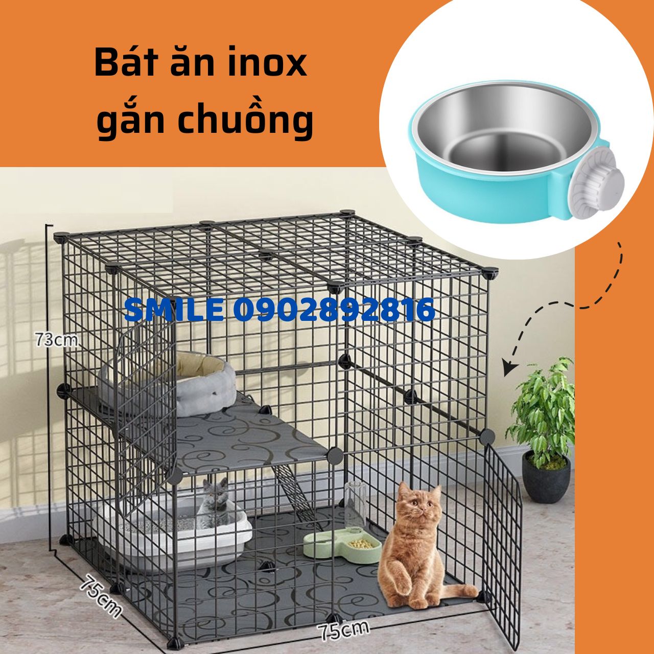 Bát Ăn,Chén Ăn, Khay thức ăn Inox Gắn Chuồng Cho Thú Cưng Chó Mèo Màu Trơn