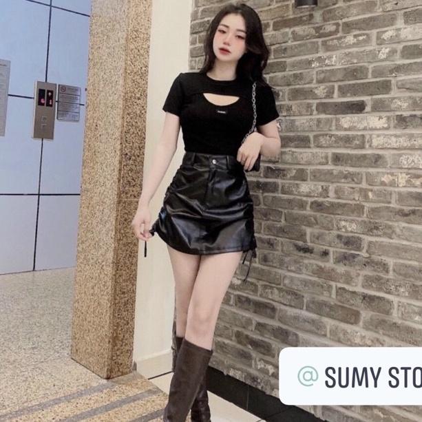 Áo kiểu dáng ôm khoét ngực nữ,áo thun ôm phối logo chữ trước ngựcchất bozip mềm mịn quỳnh trang shop