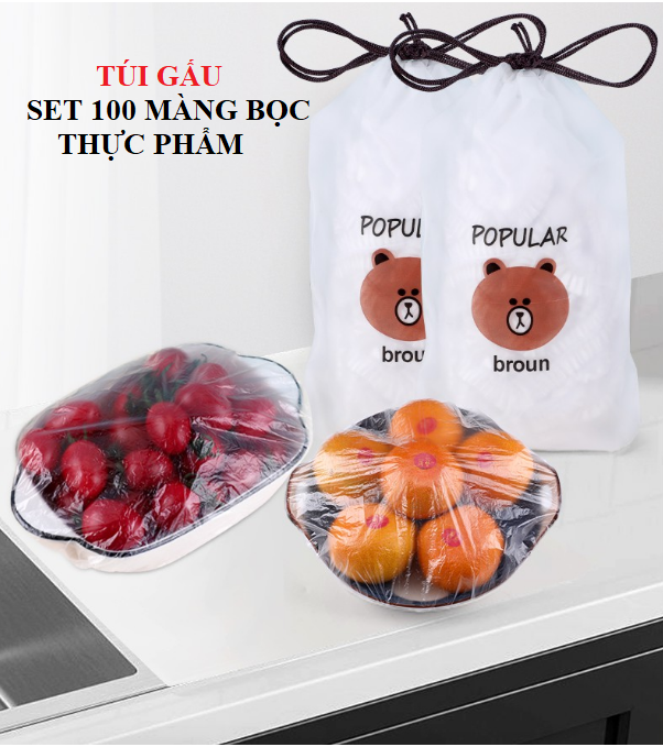 Set 100 màng bọc thực phẩm túi gấu, màng bọc thực phẩm PE có chun bọc đồ ăn co giãn tái sử dụng nhiều lần