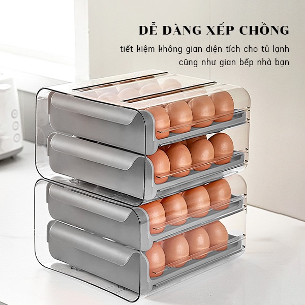 Hộp Đựng Trứng Tủ Lạnh Hai Tầng Trong Suốt 32 Ô Đựng Trứng Có Ngăn Kéo Tiện Lợi - Chất Liệu Nhựa PET + PP Chống Va Đập