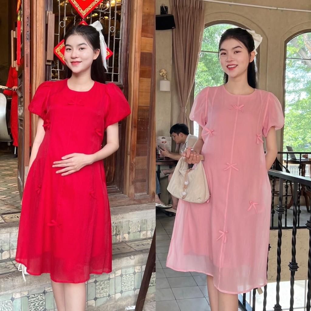Đầm bầu tơ phom suông đính nơ nhẹ nhàng, dễ thương, sang chảnh Nữ Women - Xám