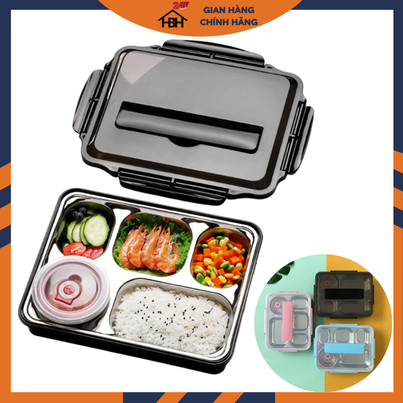 Khay Đựng Cơm Văn Phòng Inox 5 Ngăn Cao Cấp Có Nắp Đậy + TẶNG Kèm Bộ Đũa Thìa Và Bát Sứ