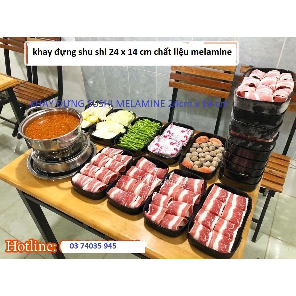 Khay đựng shushi, bufet, lẩu, đồ nướng nhựa melamine kiểu Hàn Quốc vuông 14x14cm hoặc chữ nhật 24x14 cm - màu đen